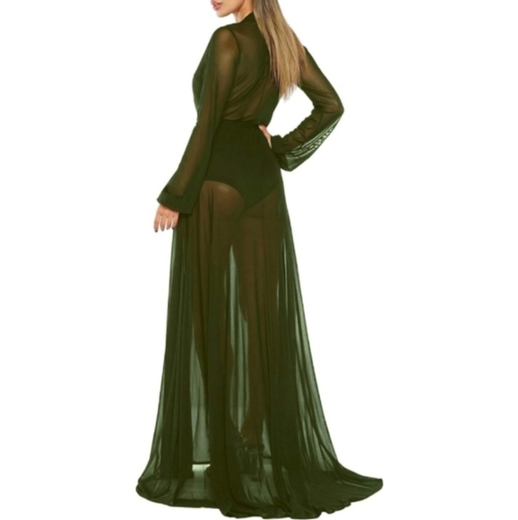 Army Green Sheer Floor Length Robe Long Moss Olive Maxi Dress Layer Deep V New - Picture 5 of 10